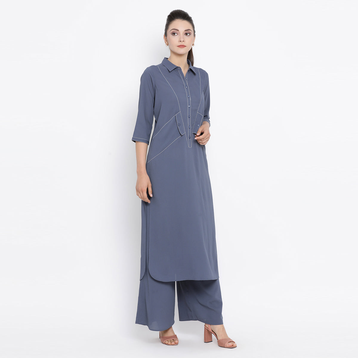 Stone Blue Kurta With Contrast Thread With Side Pocket