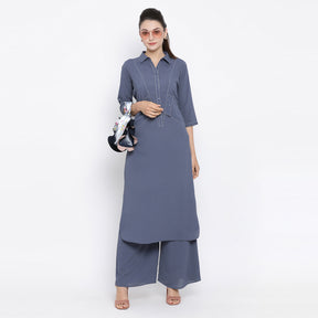 Stone Blue Kurta With Contrast Thread With Side Pocket