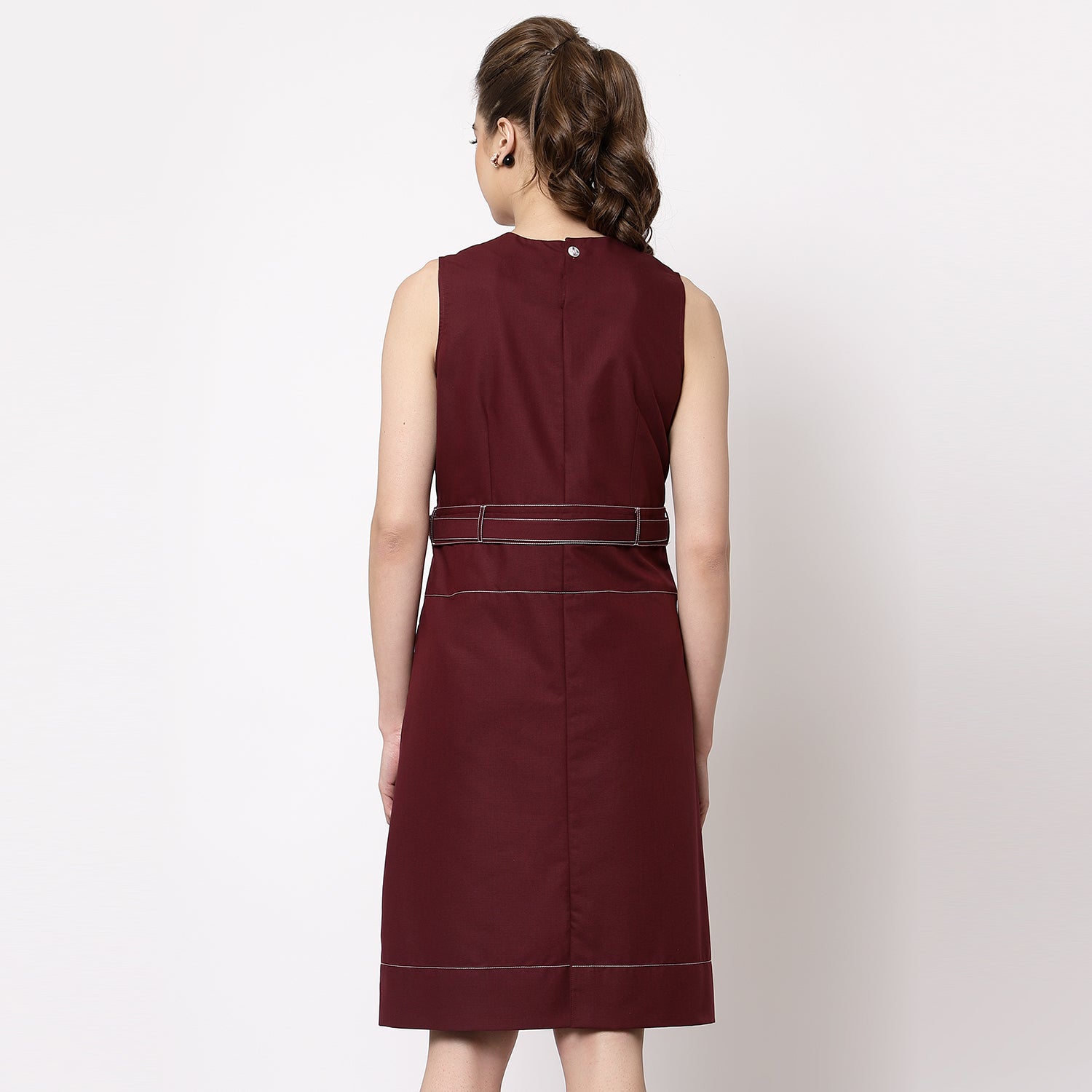 Maroon Sleeveless Dress With Belt