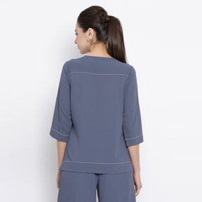 Stone Blue Crepe Top With White Top Stitching At Yoke