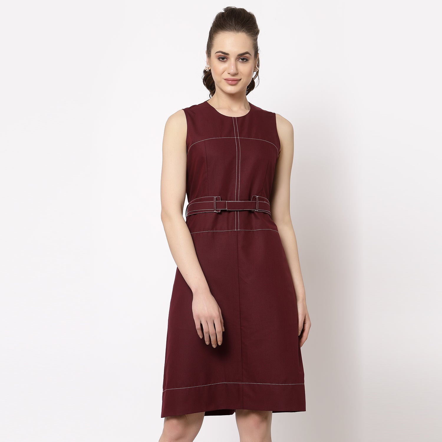 Maroon Sleeveless Dress With Belt