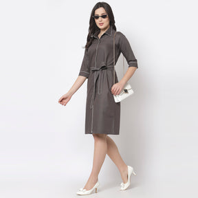 Grey dress with belt and white piping