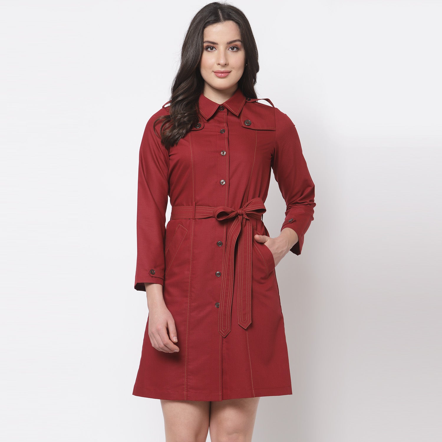 Red trench coat with belt
