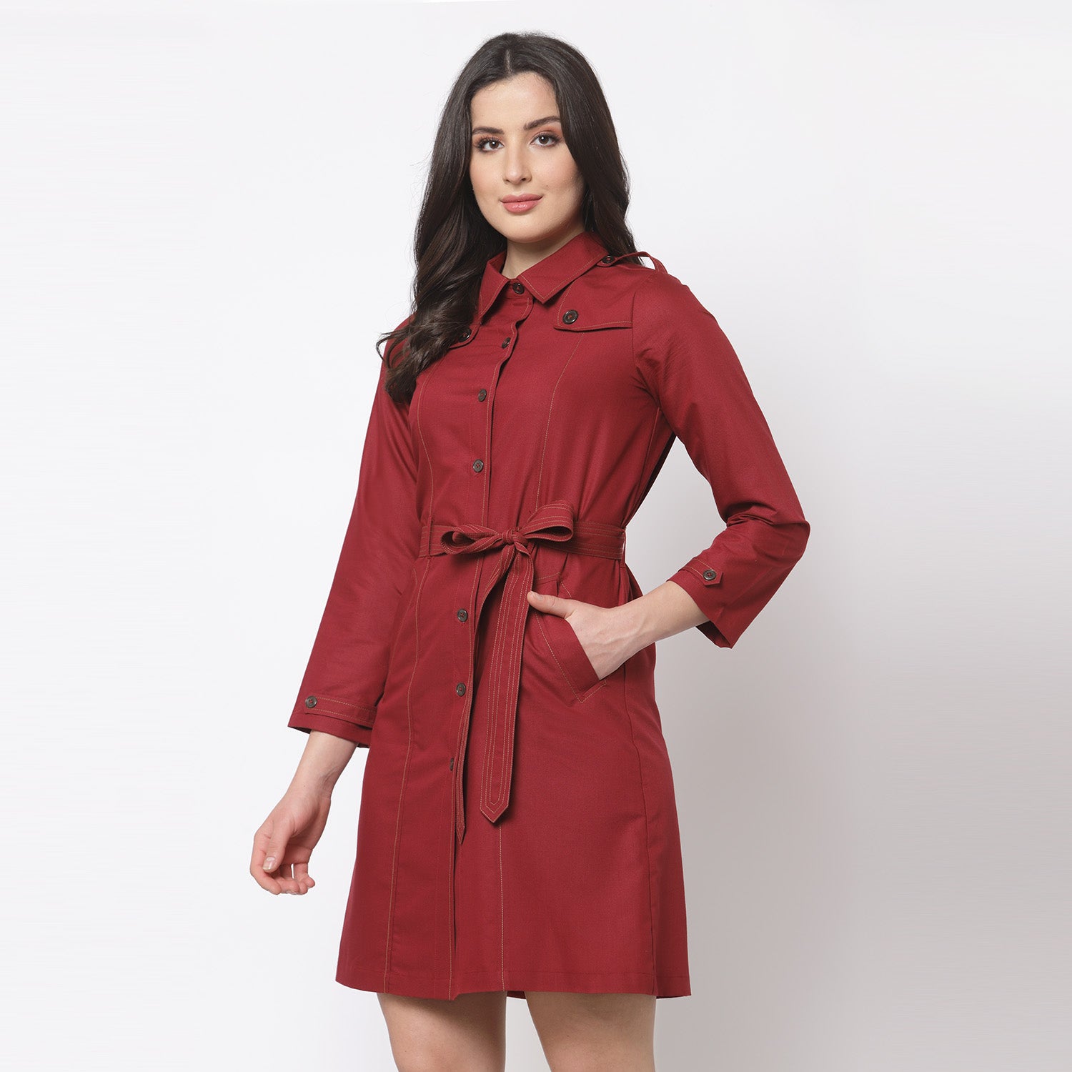 Red trench coat with belt