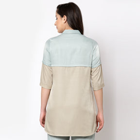 Half & half blue beige tunic with quilted pocket