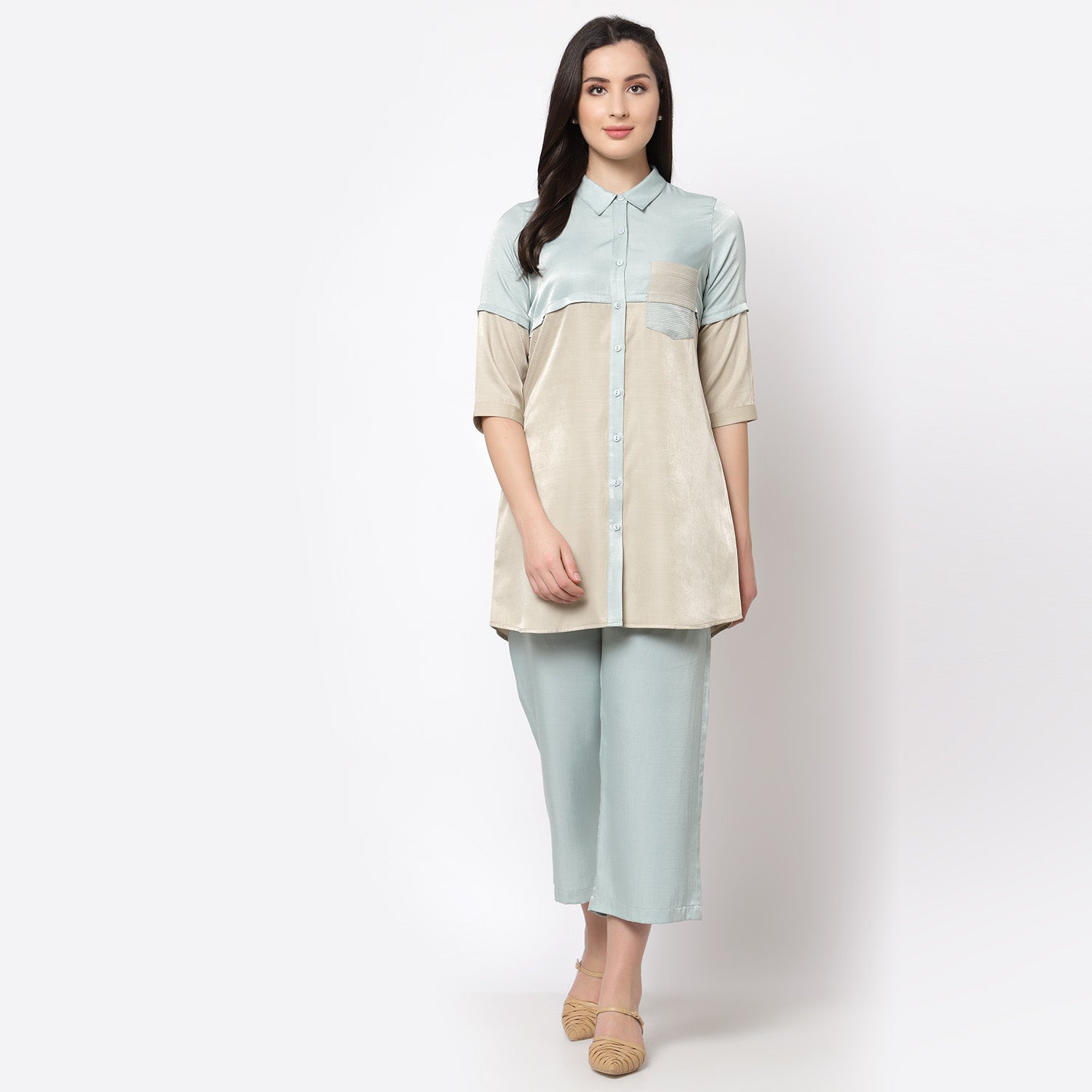 Half & Half Blue Beige Tunic With Quilted Pocket