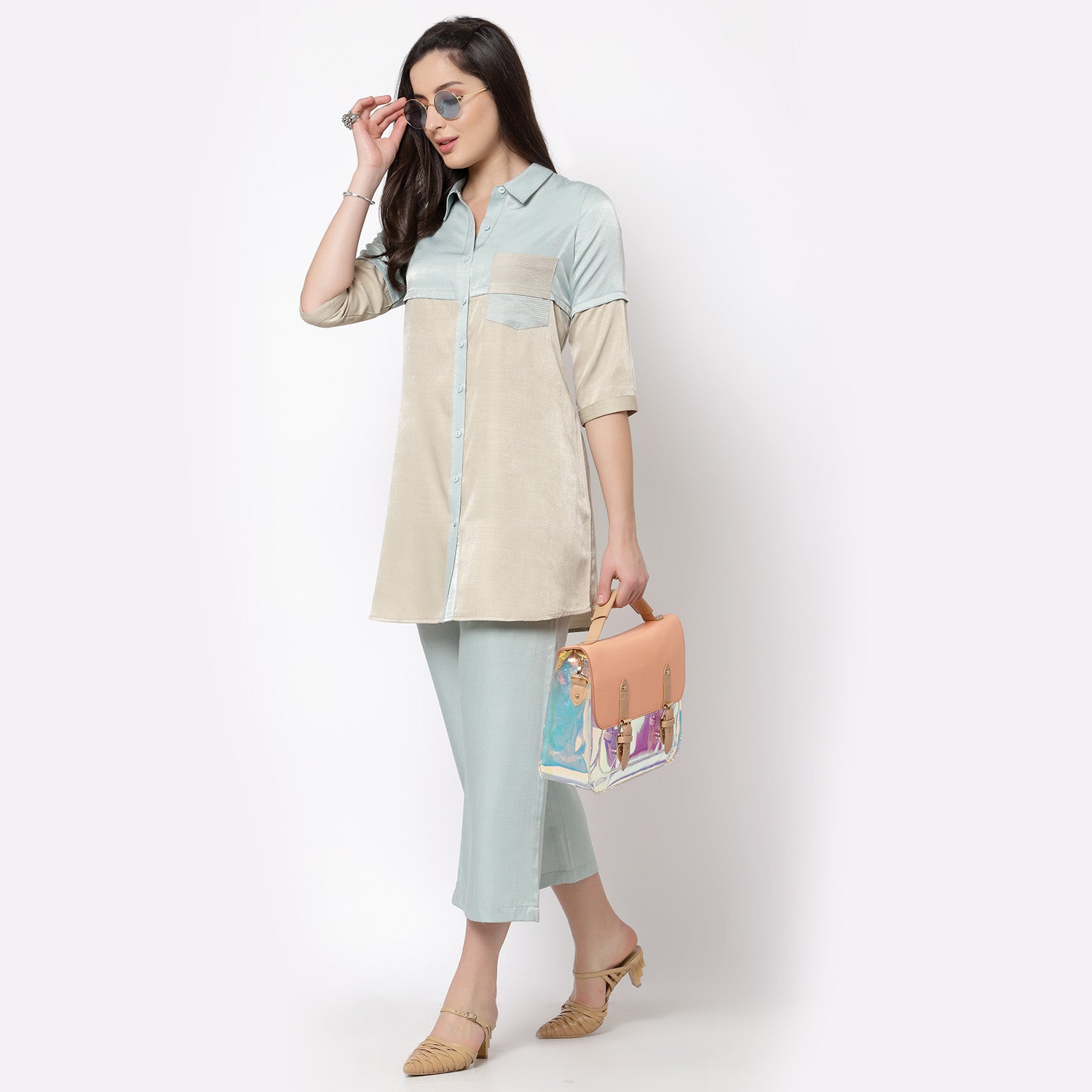 Half & half blue beige tunic with quilted pocket