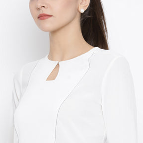 White Crepe Top With Blue Top Stitching At Yoke