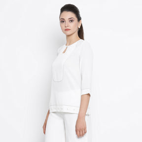 White Crepe Top With Blue Top Stitching At Yoke