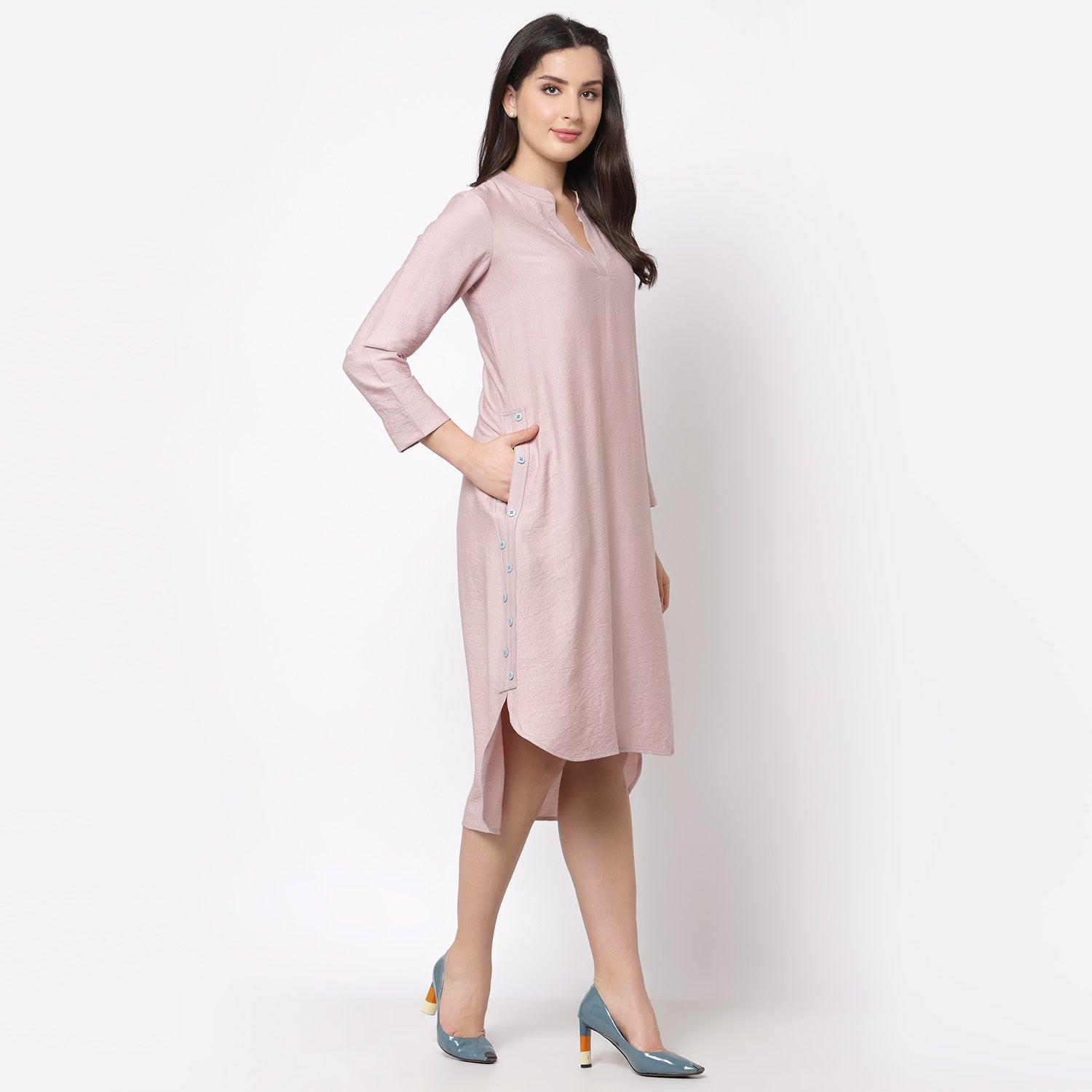 Pink Linen Kurta Style Tunic With Buttons