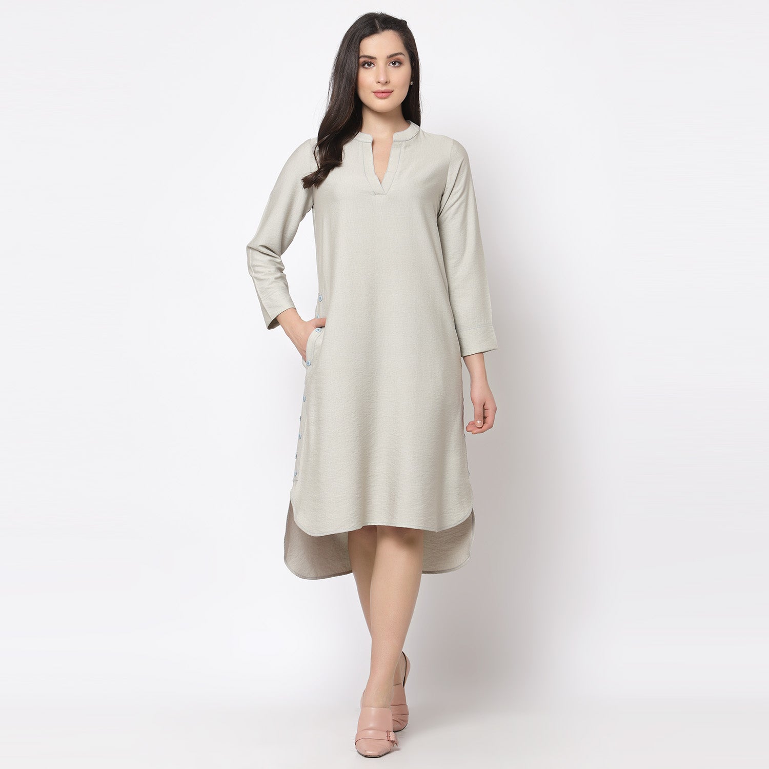 Grey linen kurta style tunic with buttons
