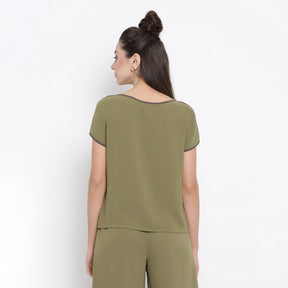 Olive Boat Neck Top With Contrast Brown Piping