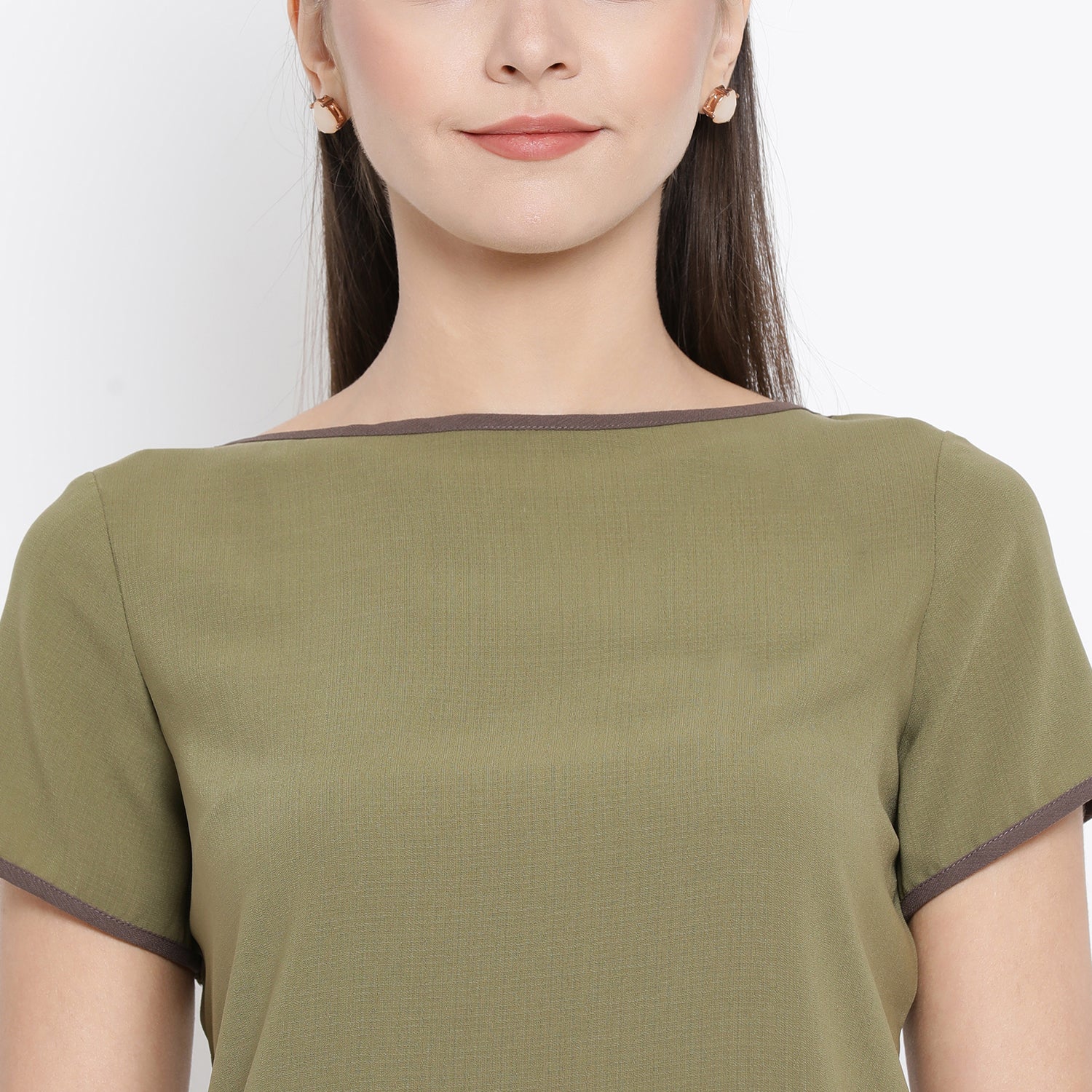 Olive Boat Neck Top With Contrast Brown Piping