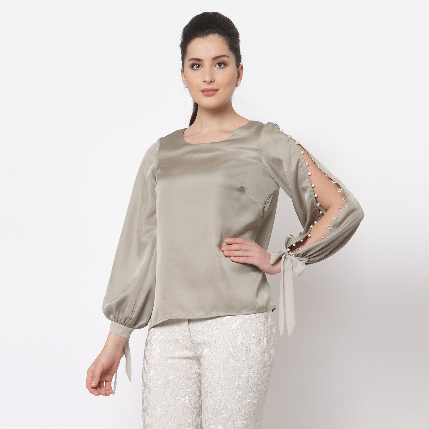 Grey Satin Top With Pearl Sleeves