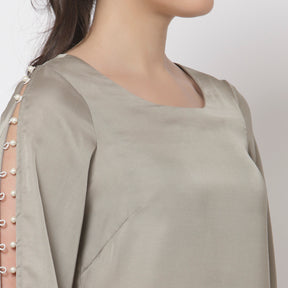 Grey satin top with pearl sleeves