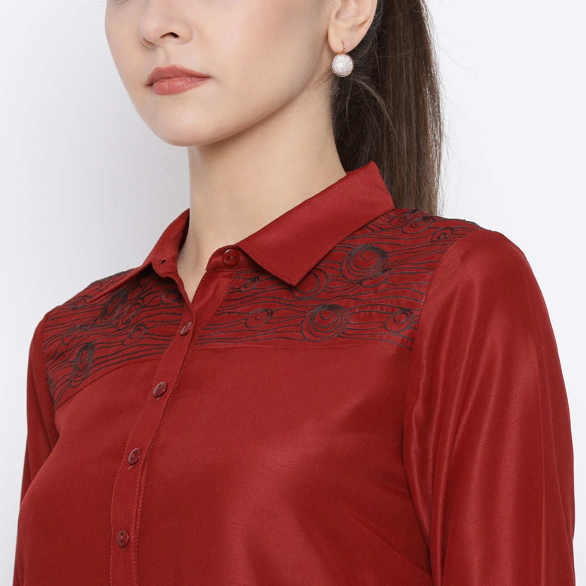 Red Top With Thread Embroidery On Yoke
