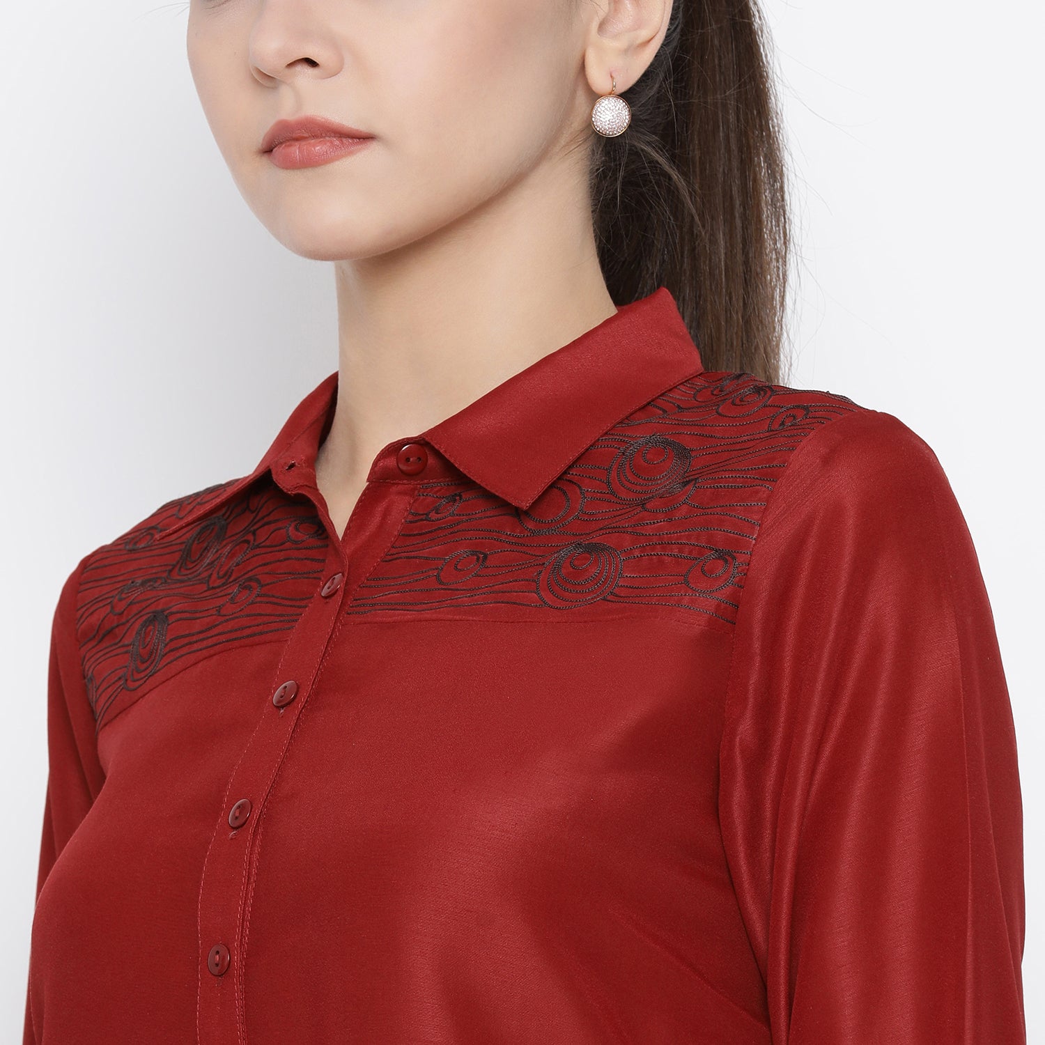 Red Top With Thread Embroidery On Yoke