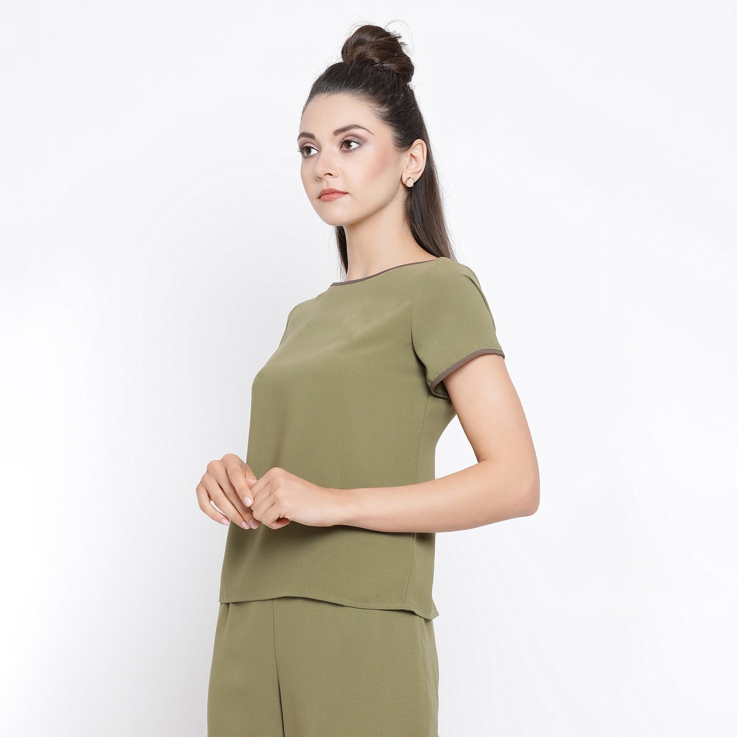 Olive Boat Neck Top With Contrast Brown Piping