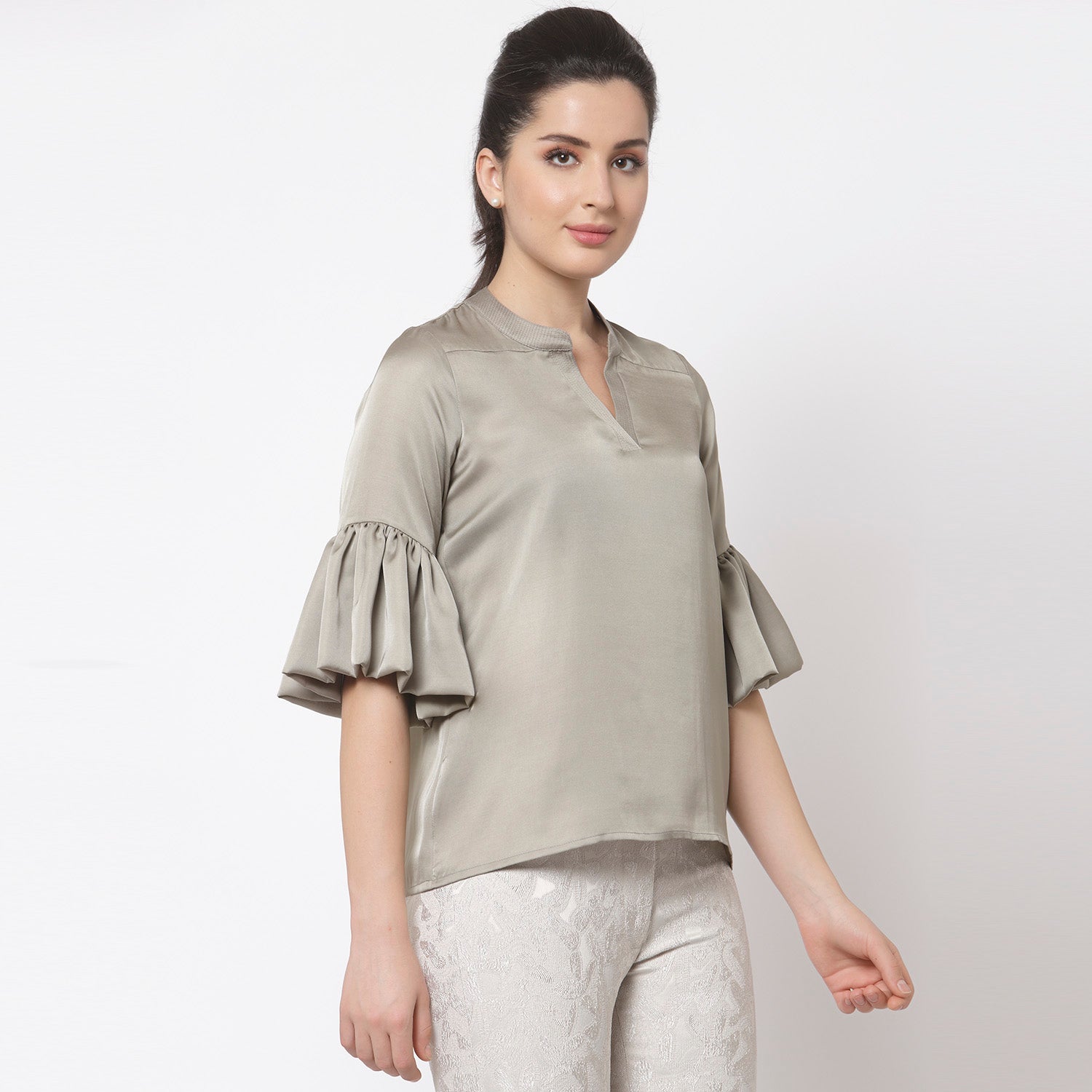 Grey satin top with puff sleeve