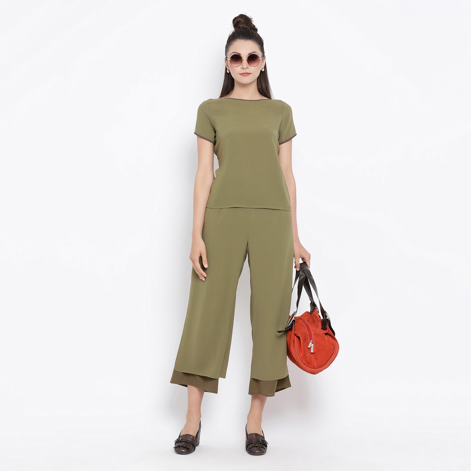 Olive Boat Neck Top With Contrast Brown Piping