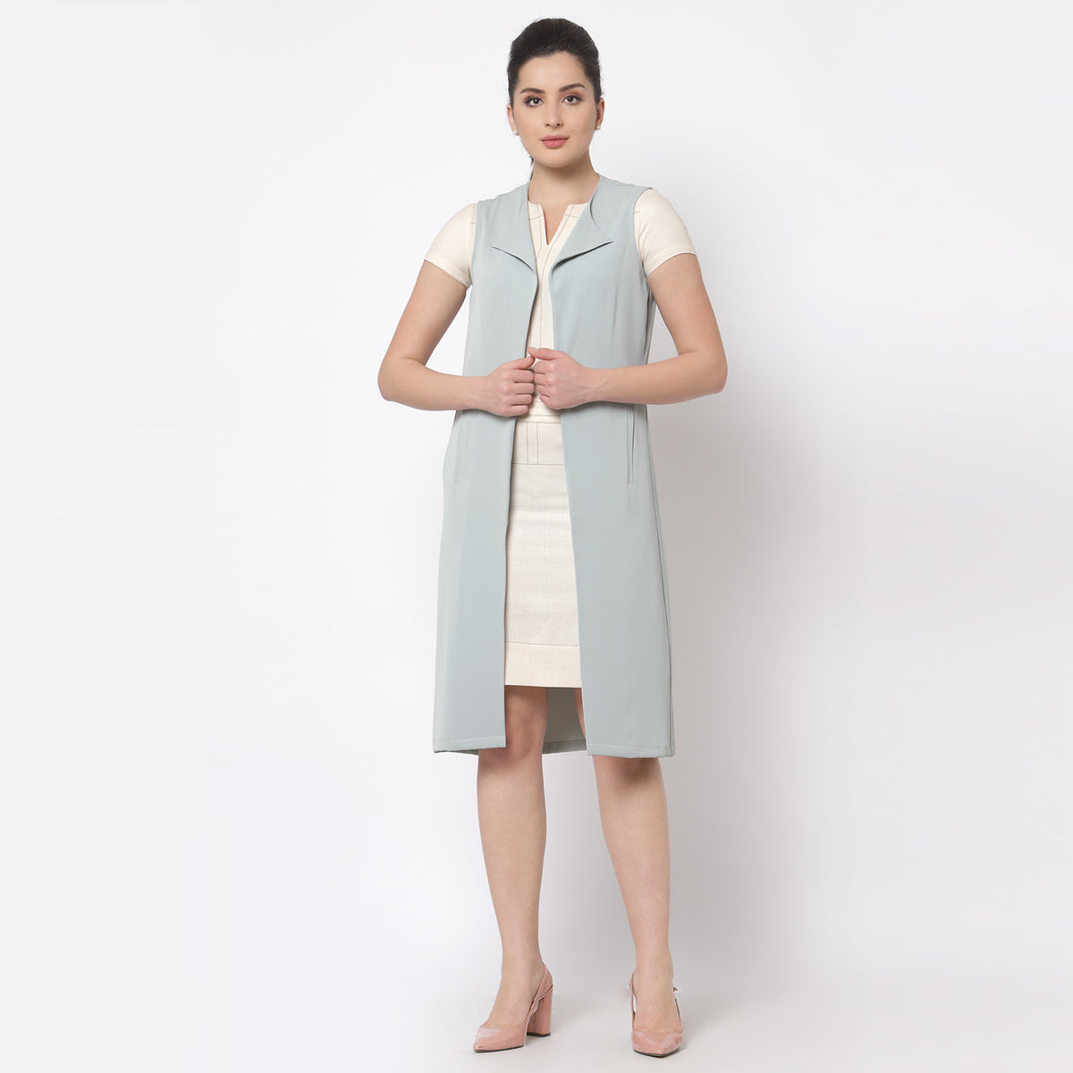 Knee length jacket with french curve collar