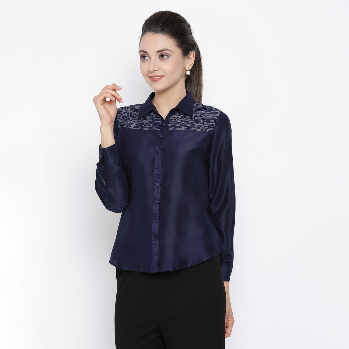 Blue Top With Thread Embroidery On Yoke