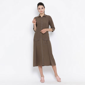 Dark Brown Dress With Flap Pocket
