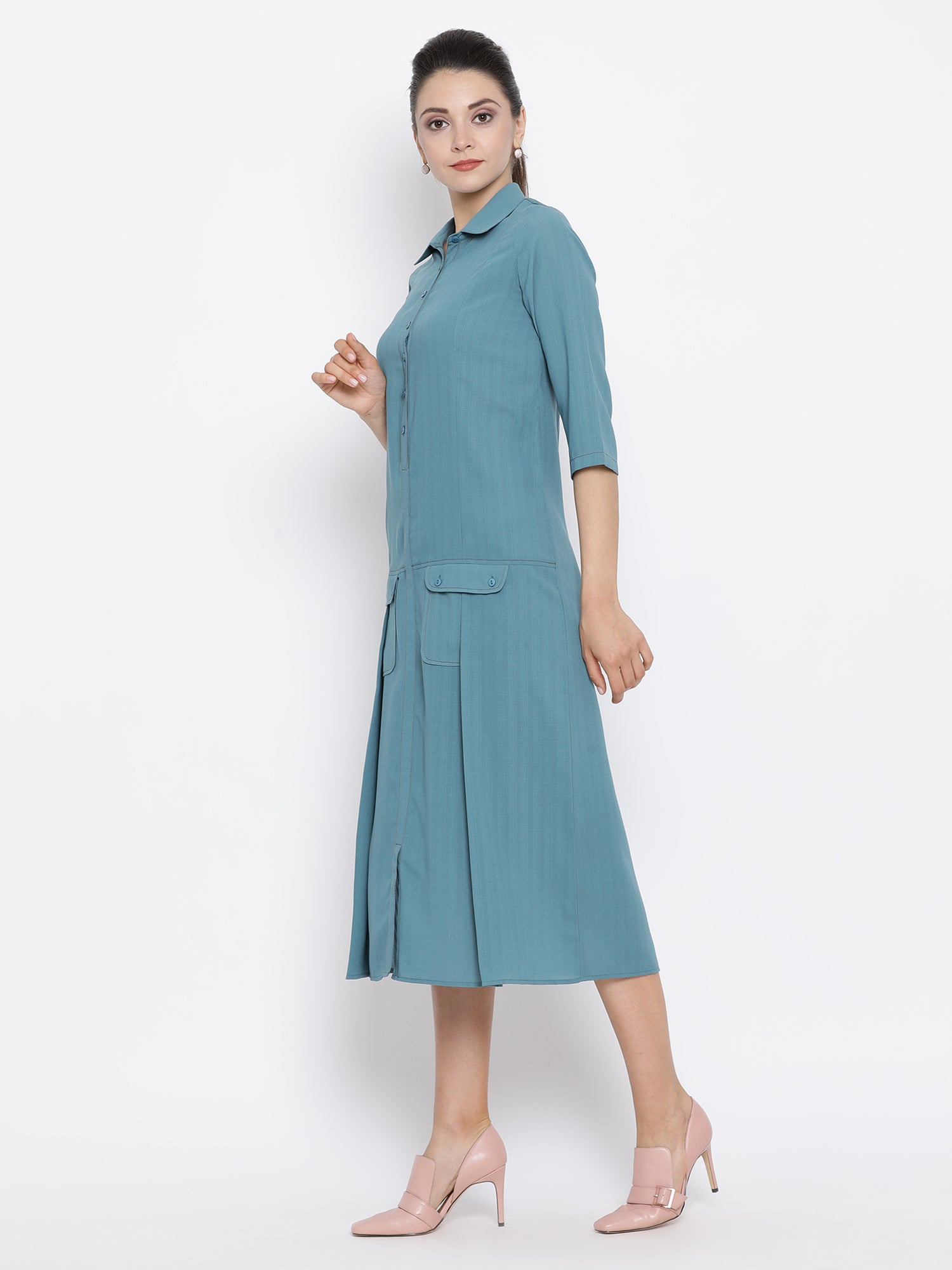 Teal Dress With Flap Pocket