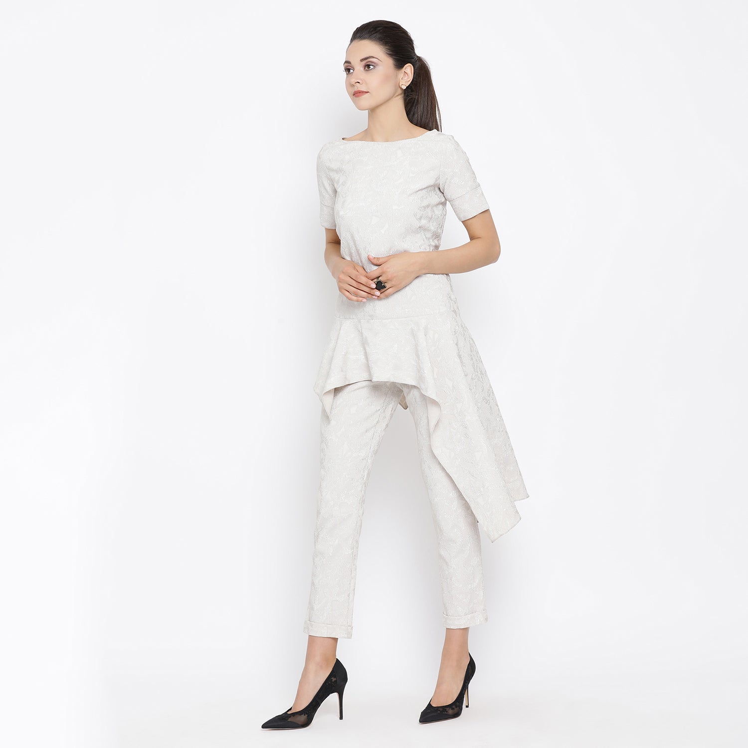 Off White Asymmetrical Peplum Top With Lycra