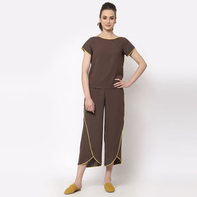 Brown boat neck top with yellow piping