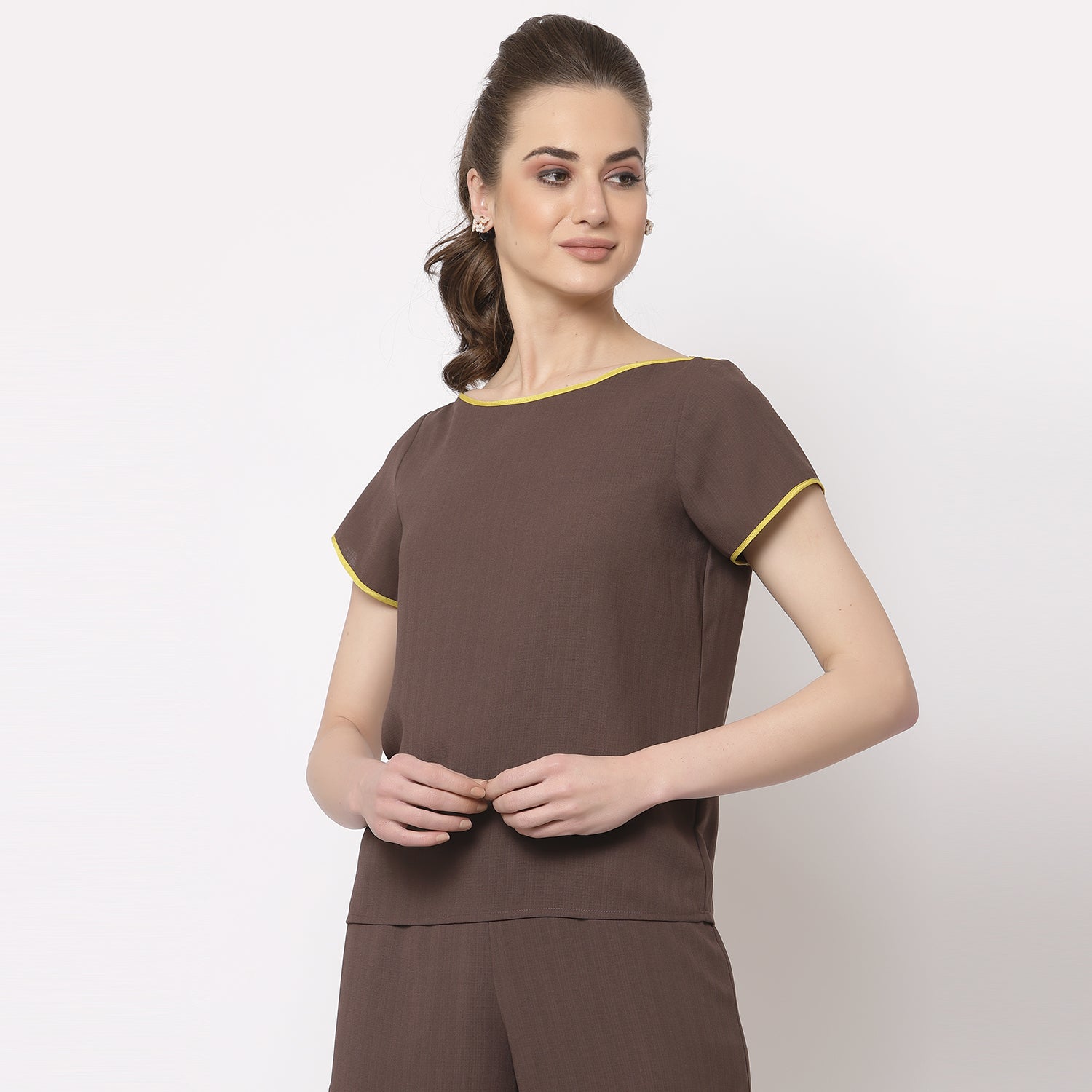 Brown boat neck top with yellow piping