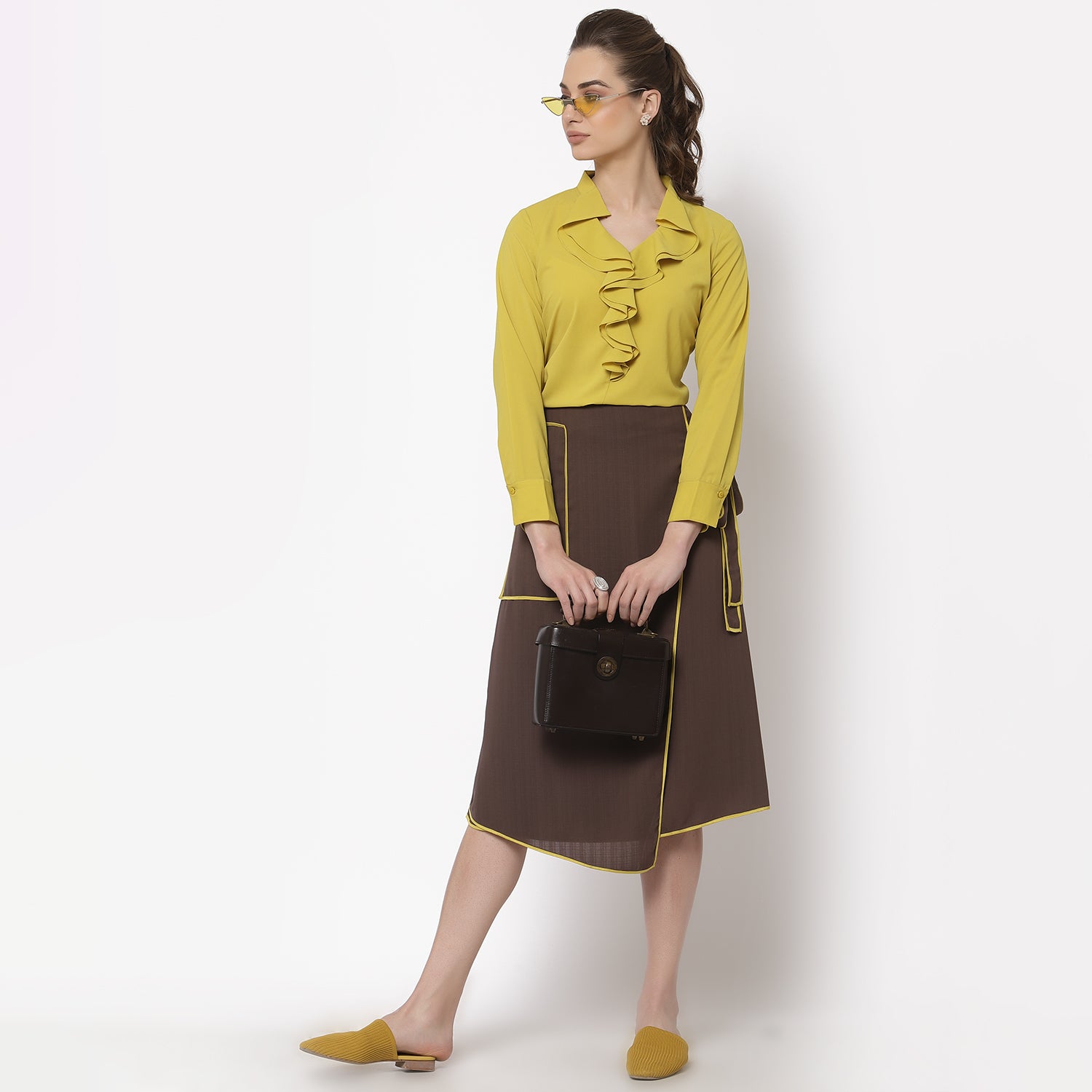Brown Asymmetrical Skirt With Yellow Piping