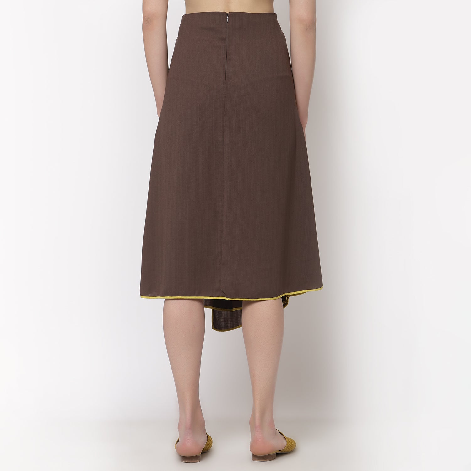 Brown Asymmetrical Skirt With Yellow Piping