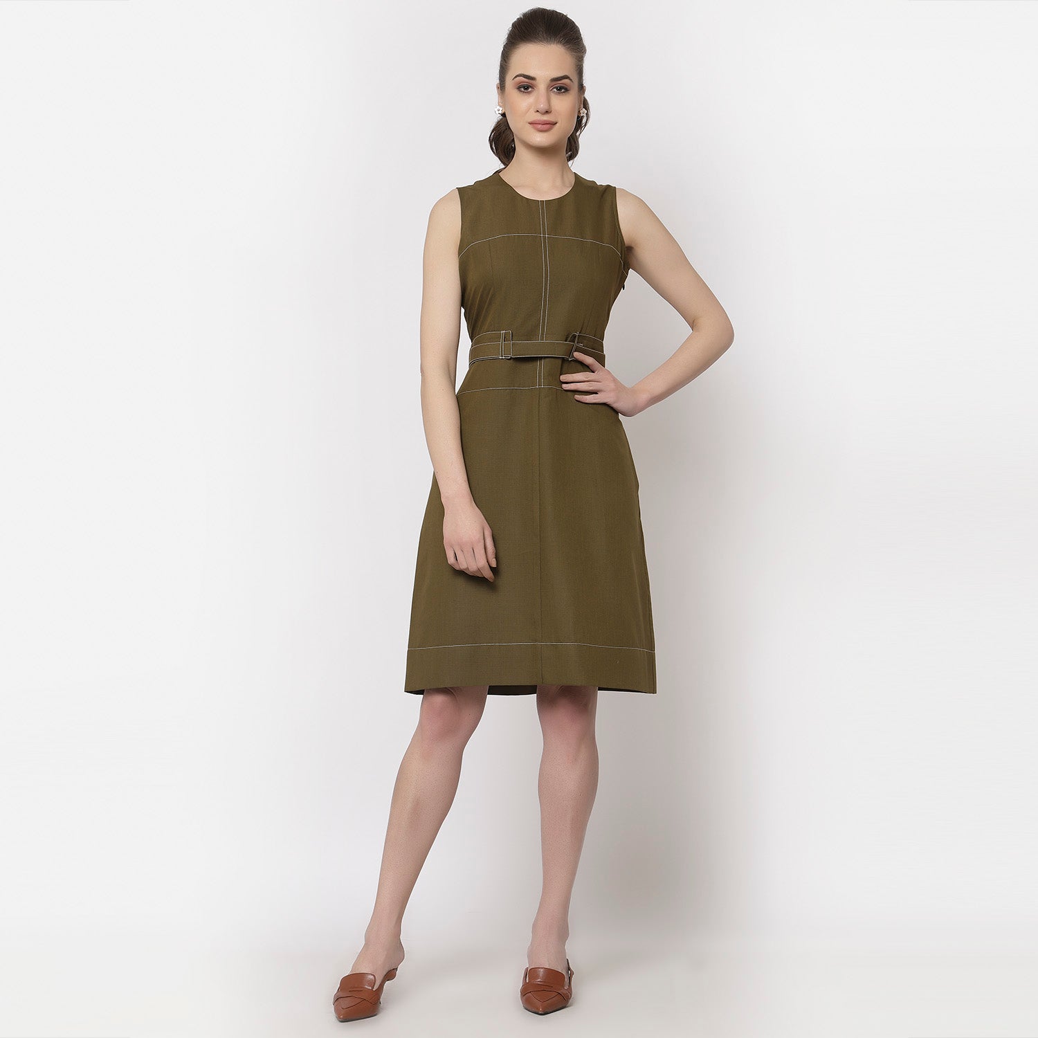 Olive Green Solid Empire Dress - ALOFI - Women Designer Dresses