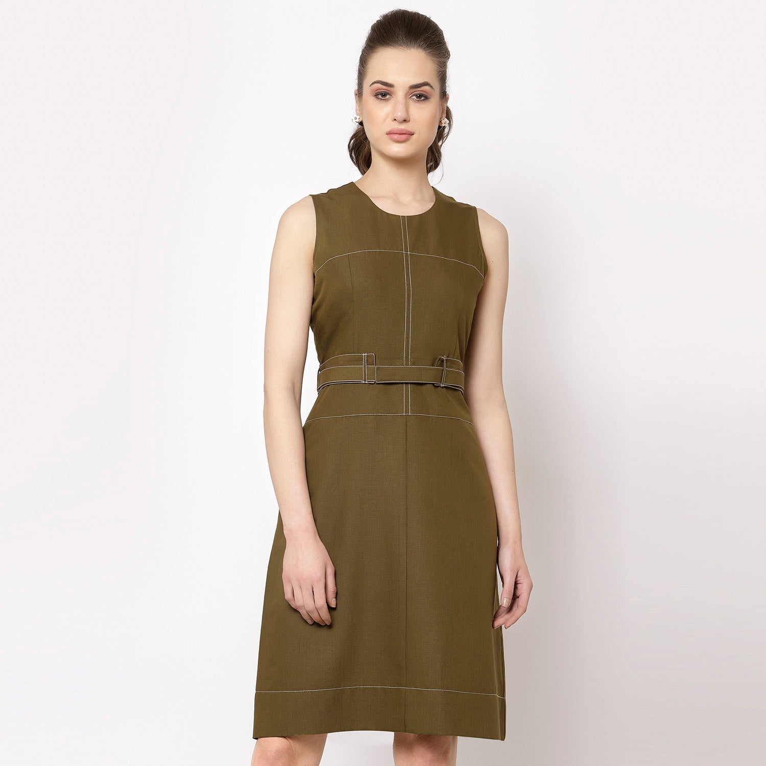 Olive sleeveless dress with belt