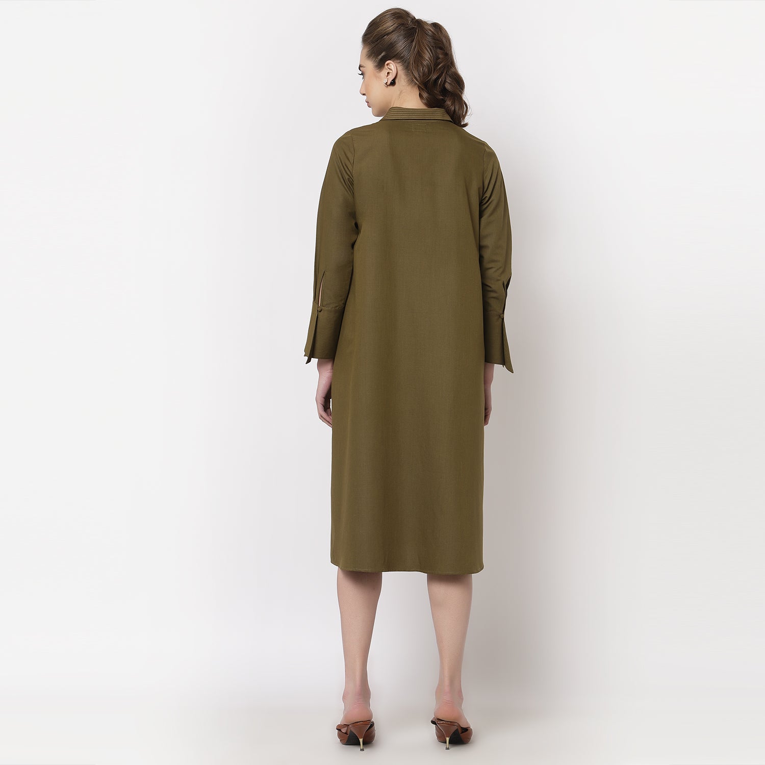 Olive dress with quilting on flap & collar