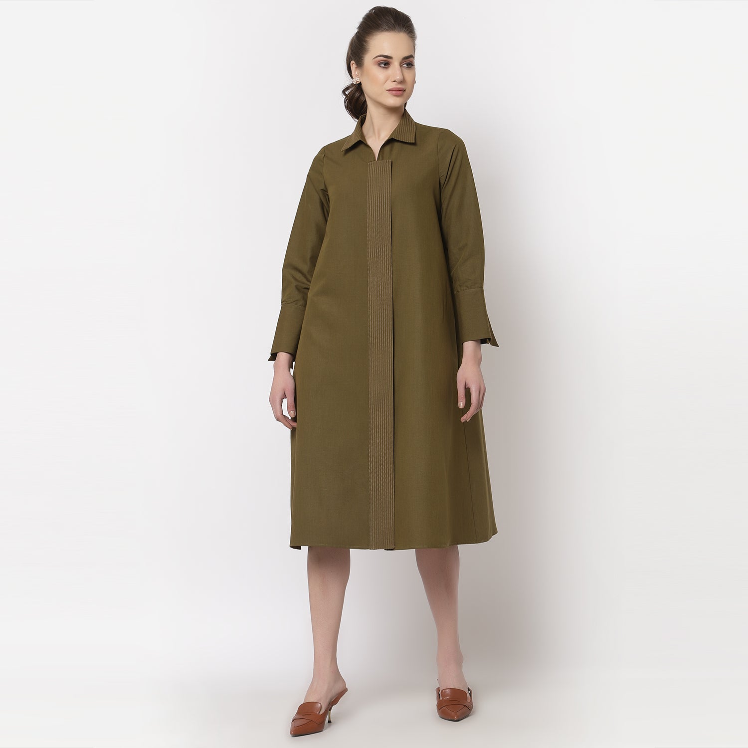 Olive Dress With Quilting on Flap & Collar