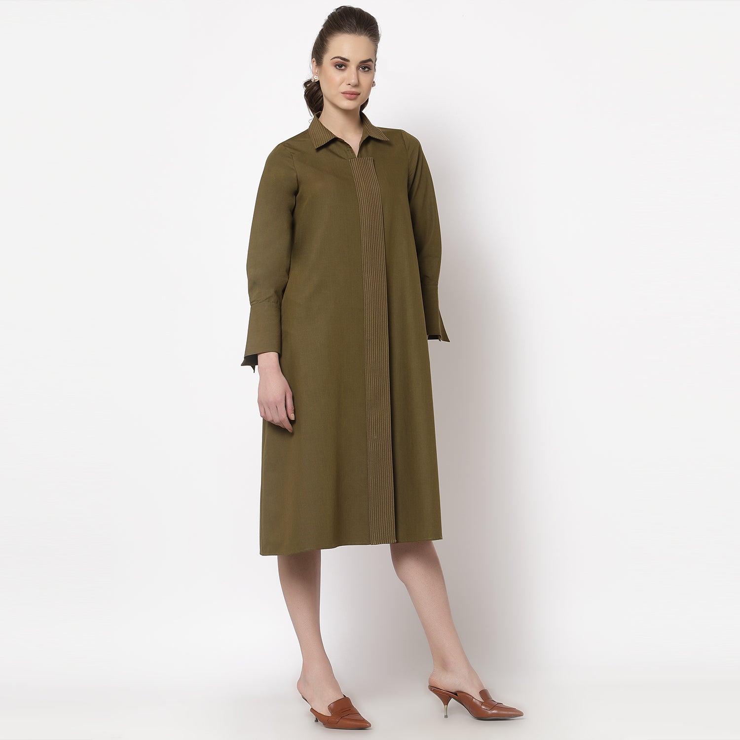 Olive Dress With Quilting on Flap & Collar