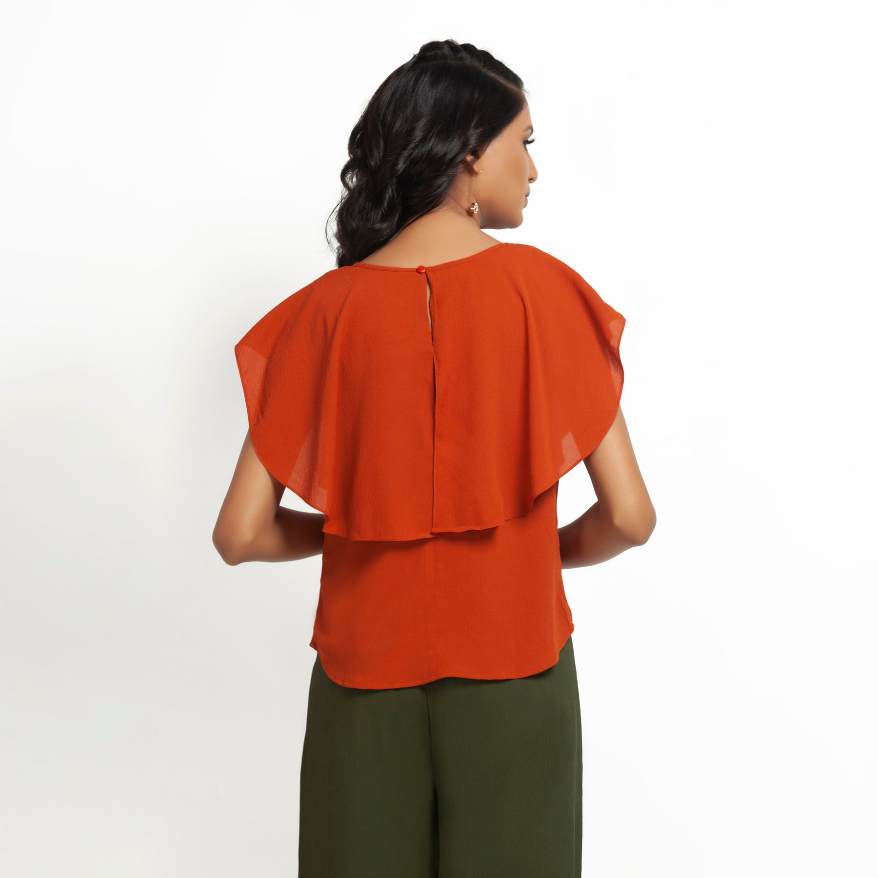 Orange Crepe Top With Drape Shoulder