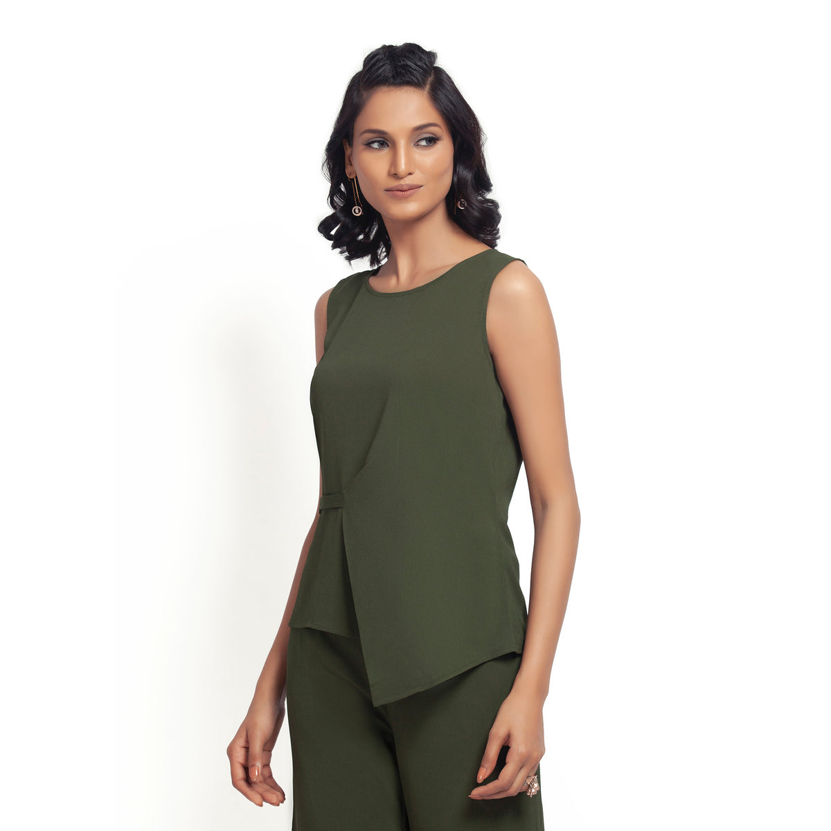 Green Crepe Top With Drape At Waist