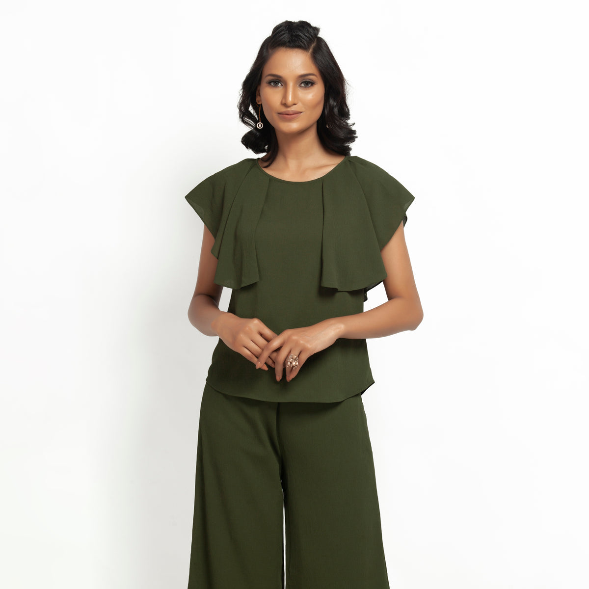 Green Crepe Top With Drape Shoulder