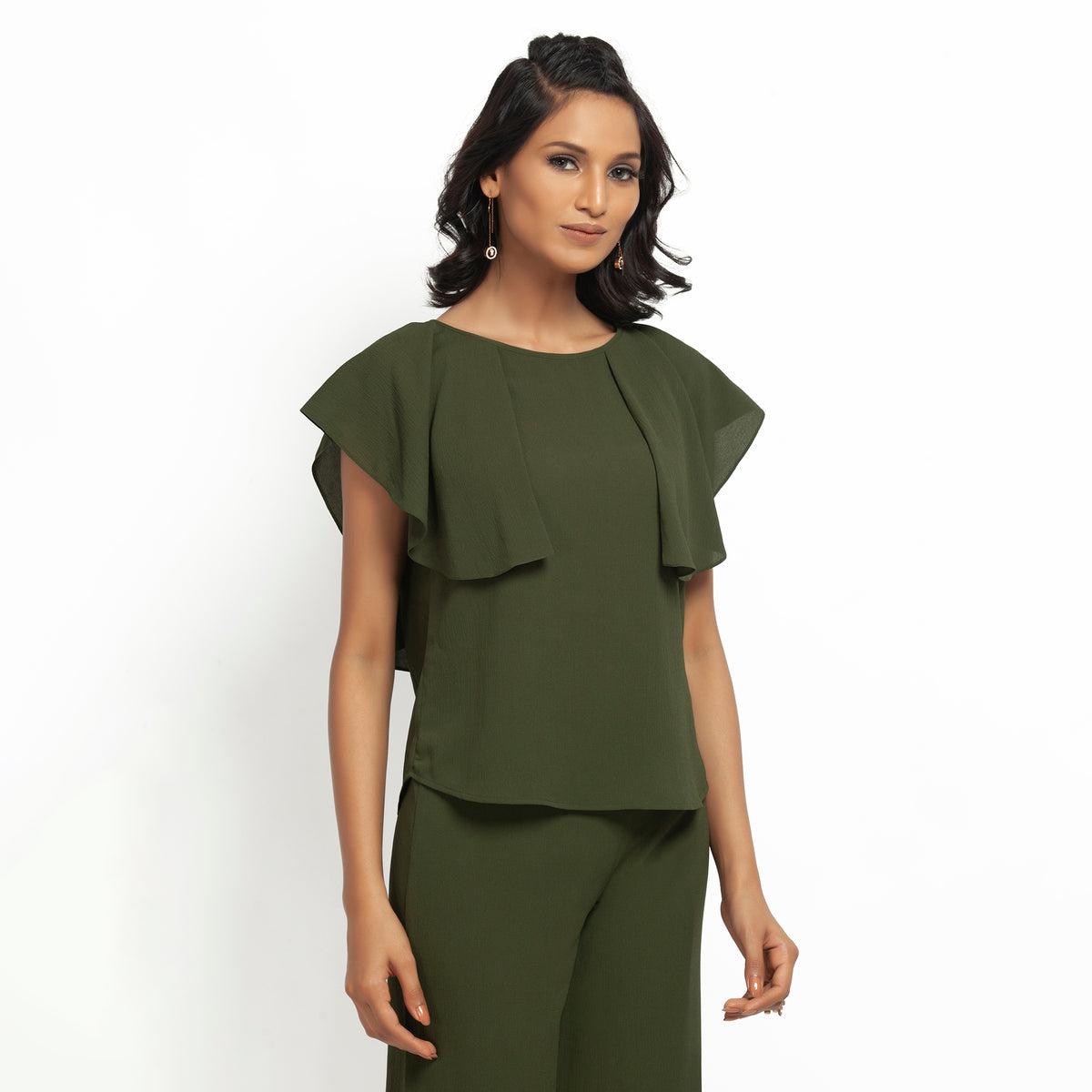Green Crepe Top With Drape Shoulder