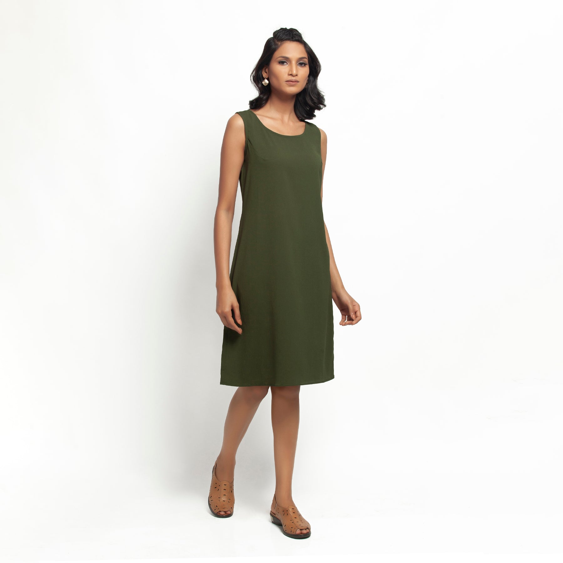 Green Crepe Without Sleeves Dress