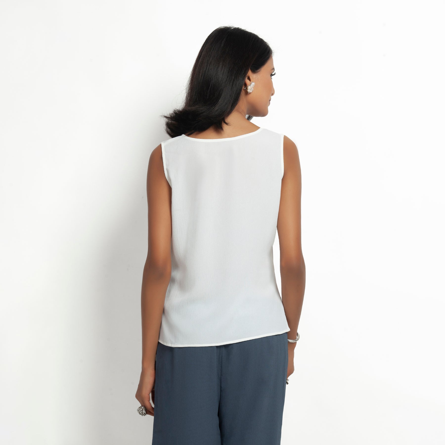 White Crepe Top With Drape At Waist