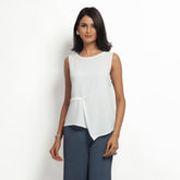 White Crepe Top With Drape At Waist
