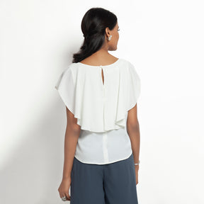 White Crepe Top With Drape Shoulder