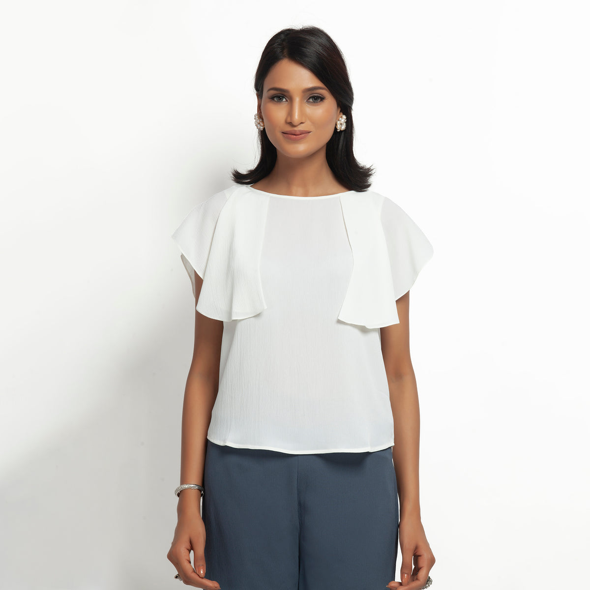 White Crepe Top With Drape Shoulder