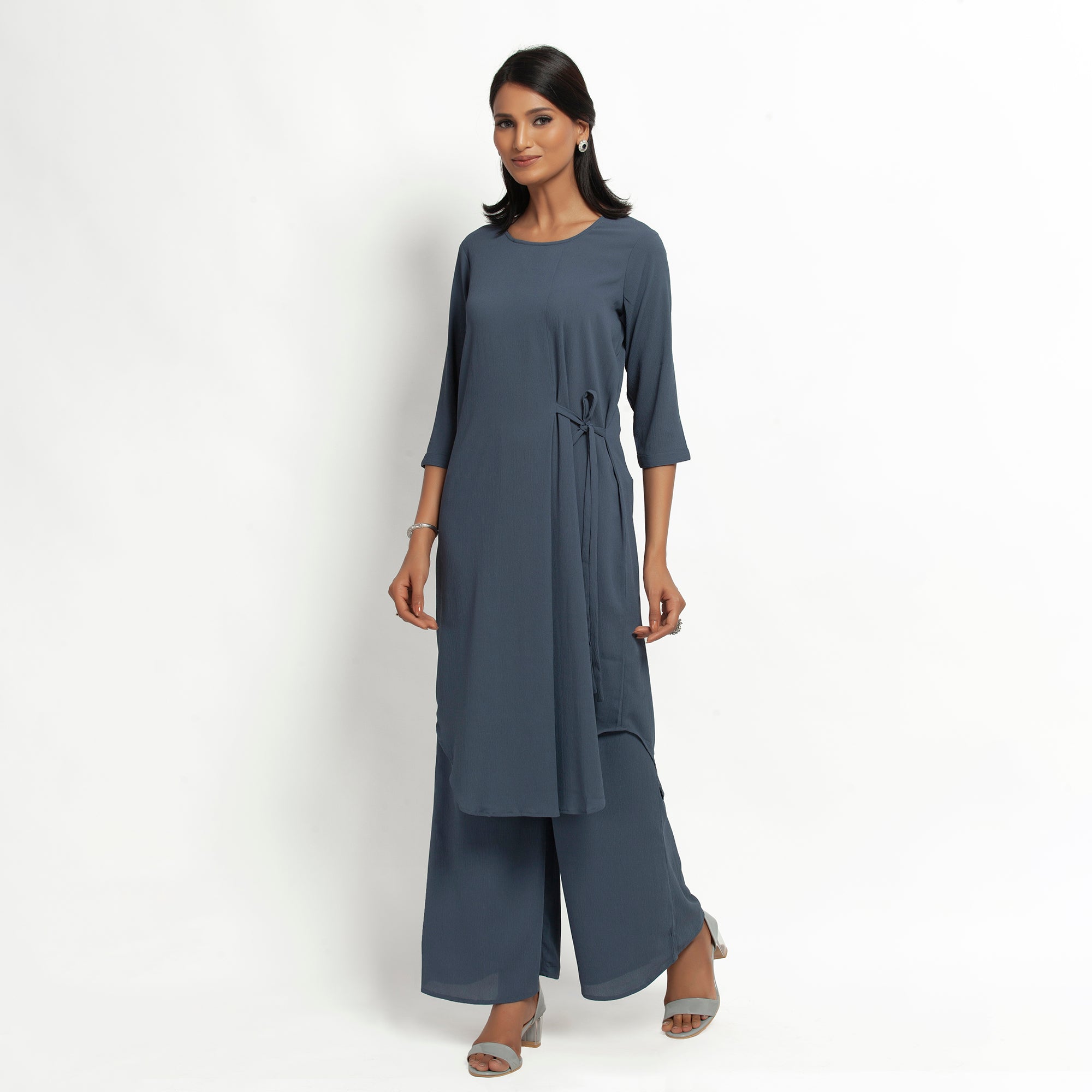 Stone Blue Crepe Tunic With Tie Knot