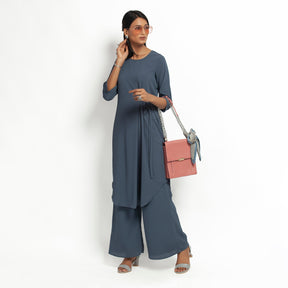 Stone Blue Crepe Tunic With Tie Knot