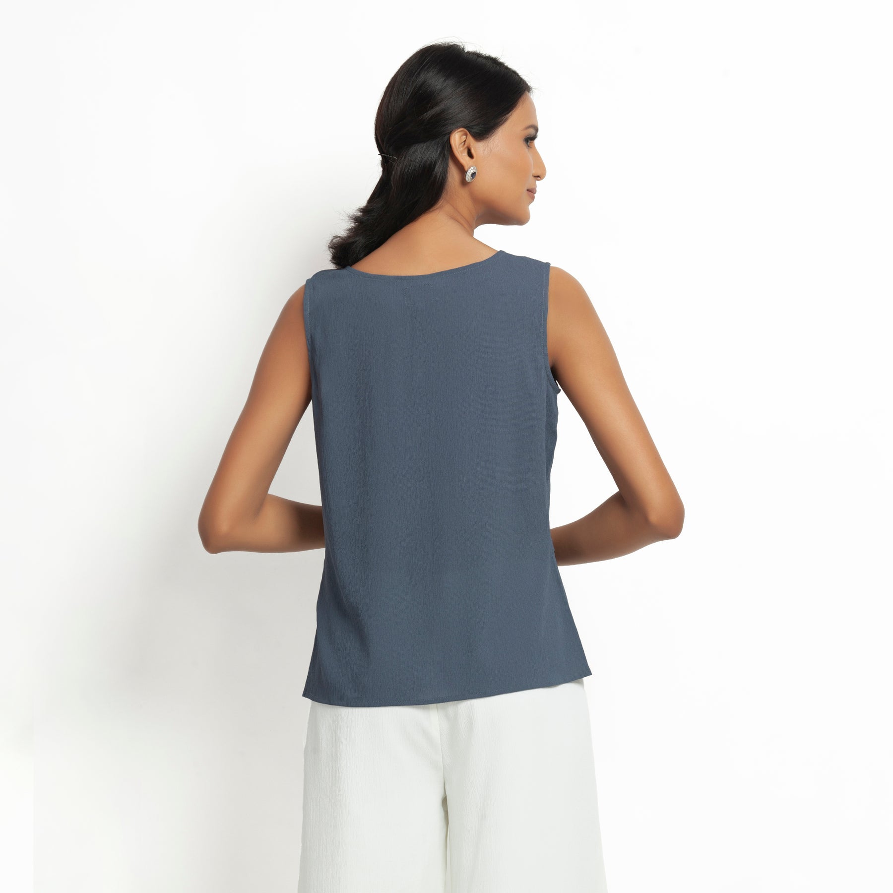 Stone Blue Crepe Top With Drape At Waist